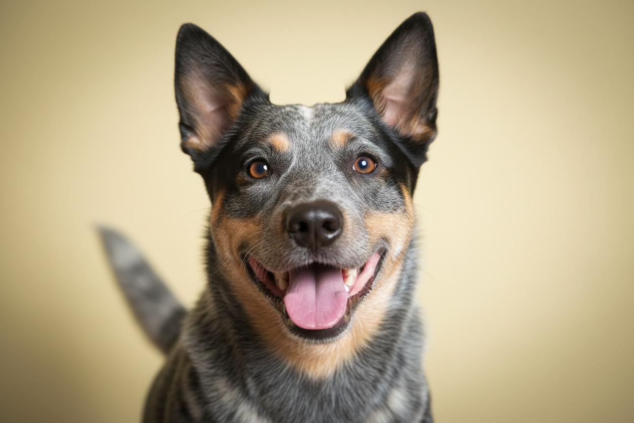 image of a cattle dog paying attention and looking happy. soft yellow background, no writing or text. 