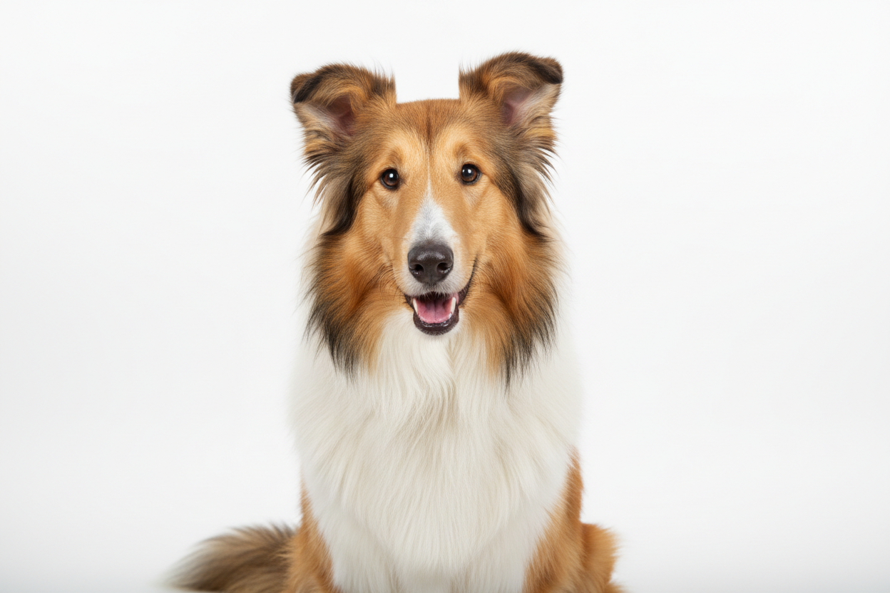 image of a happy and paying attention collie dog. no background