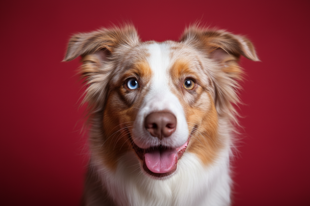 image of australian shepherd looking happy and paying attention. red background, no text or graphics in the background