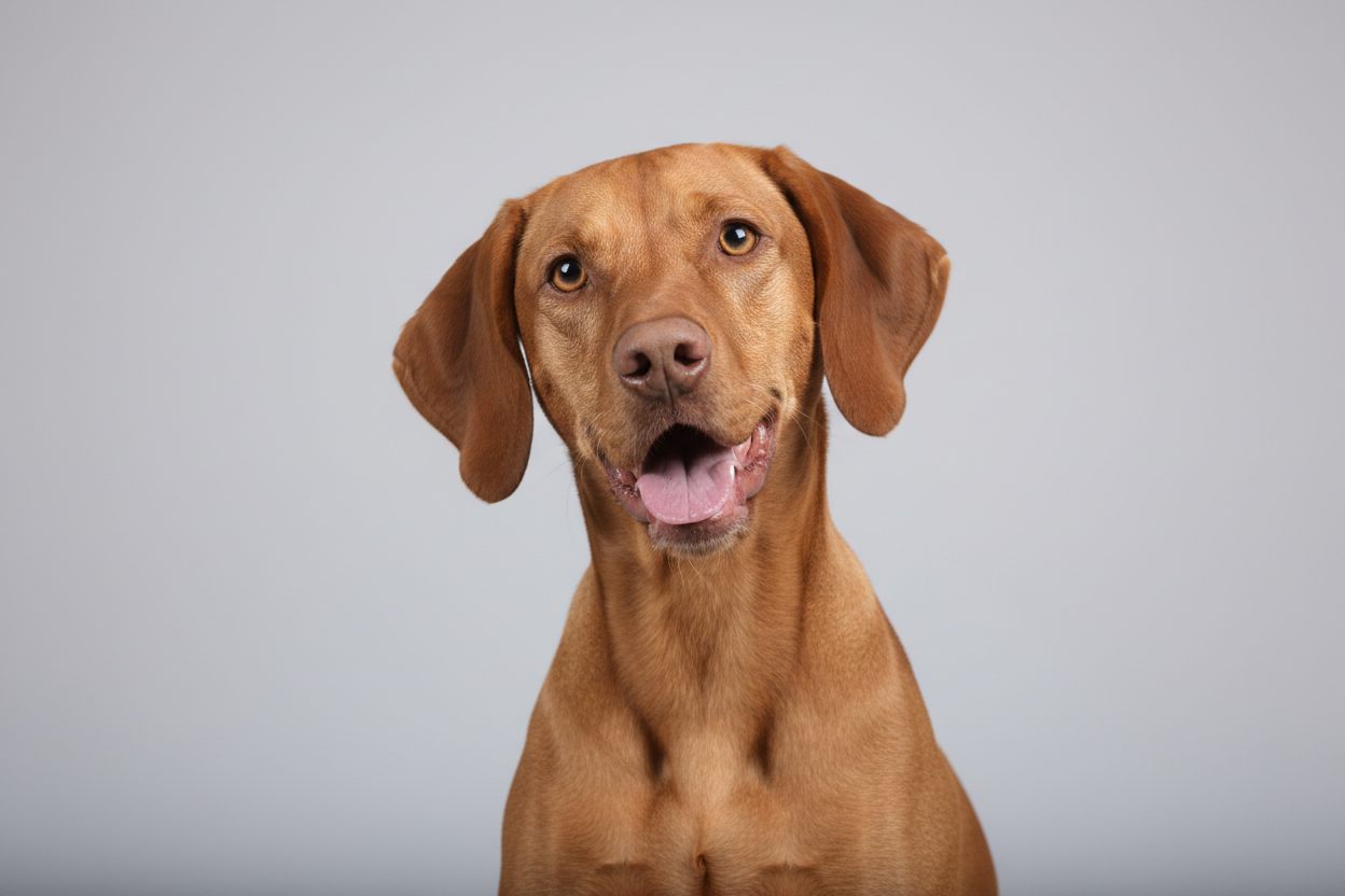 image of vizsla looking happy and paying attention. looking at the camera. light grey background, no text or imagery in the background